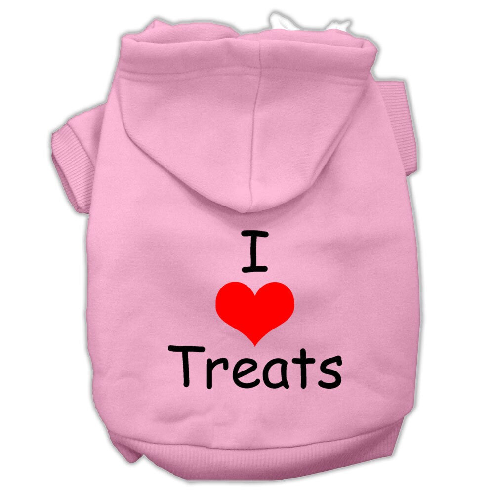Light pink pet hoodie with hood, front pocket, “I ♥ Treats” graphic on chest