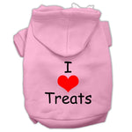 Light pink pet hoodie with hood, front pocket, “I ♥ Treats” graphic on chest