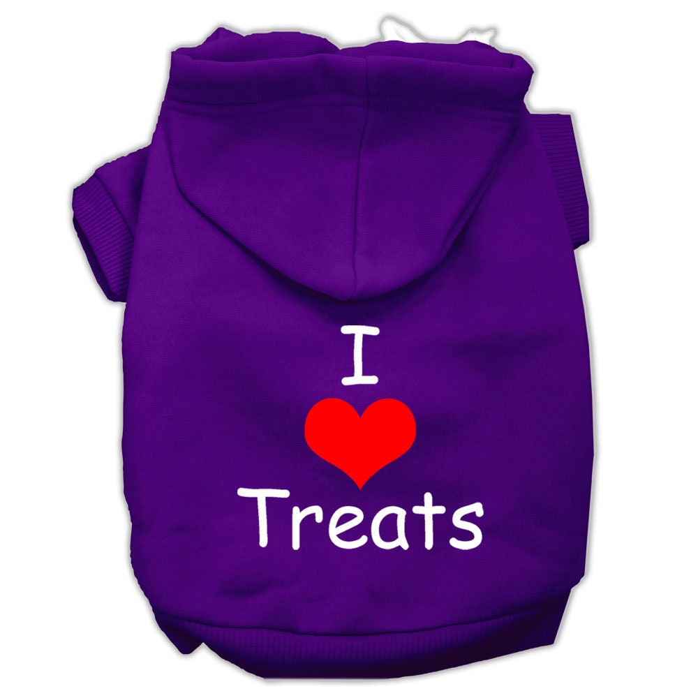 Purple pet hoodie with hood, front pocket, “I ♥ Treats” graphic on chest