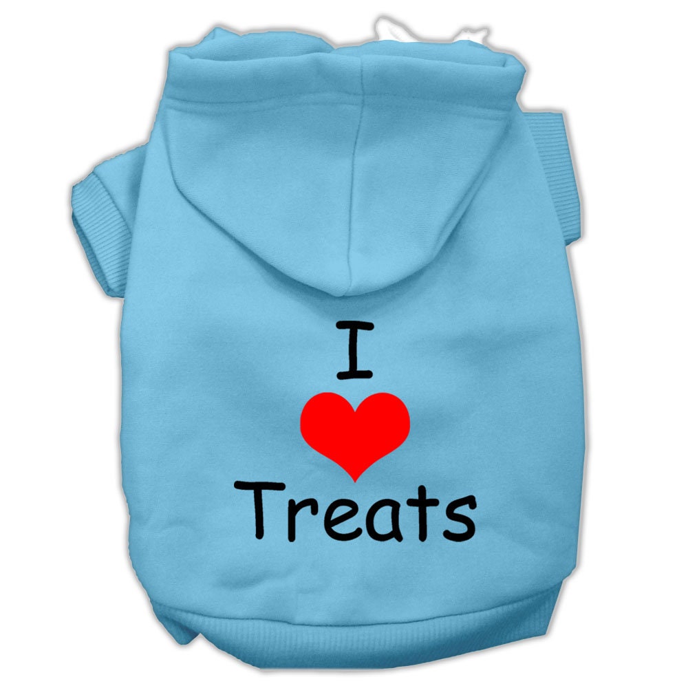 Light blue pet hoodie with hood, front pocket, “I ♥ Treats” graphic on chest