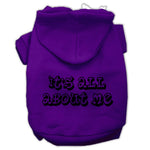 Purple pet hoodie with hood and “It’s all about me” text graphic on back