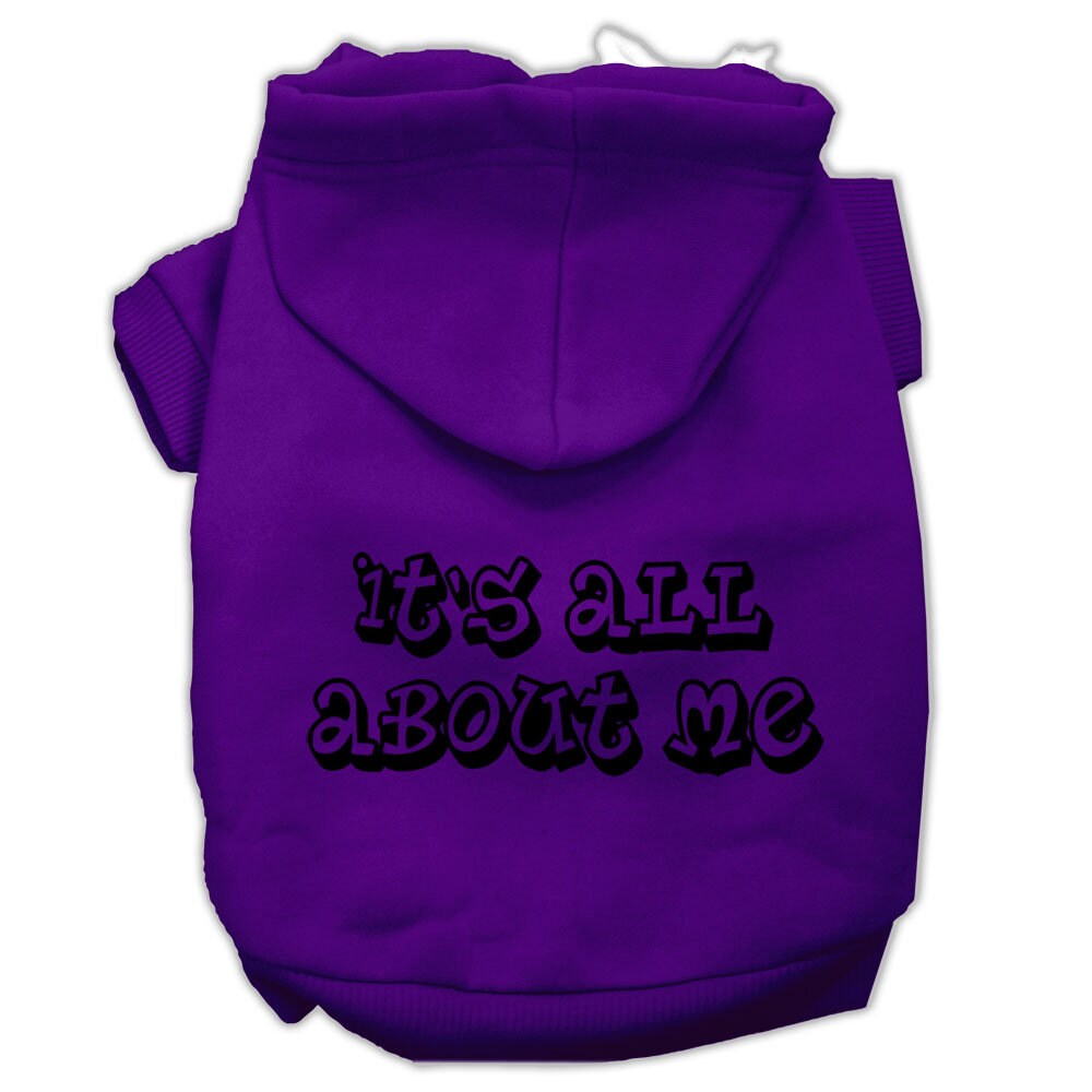 Purple pet hoodie with hood and “It’s all about me” text graphic on back