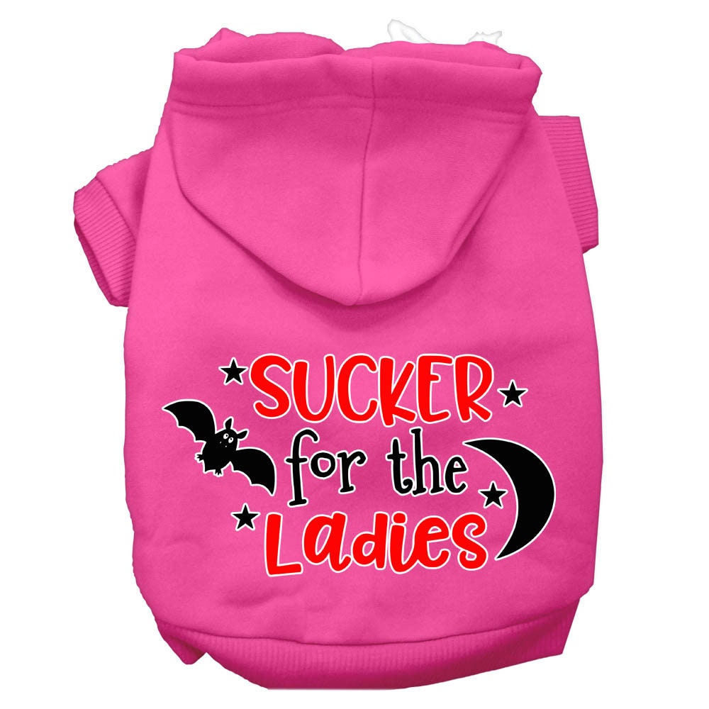 Bright pink pet hoodie with front hood and “SUCKER for the Ladies” graphic print