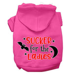 Bright pink pet hoodie with front hood and “SUCKER for the Ladies” graphic print