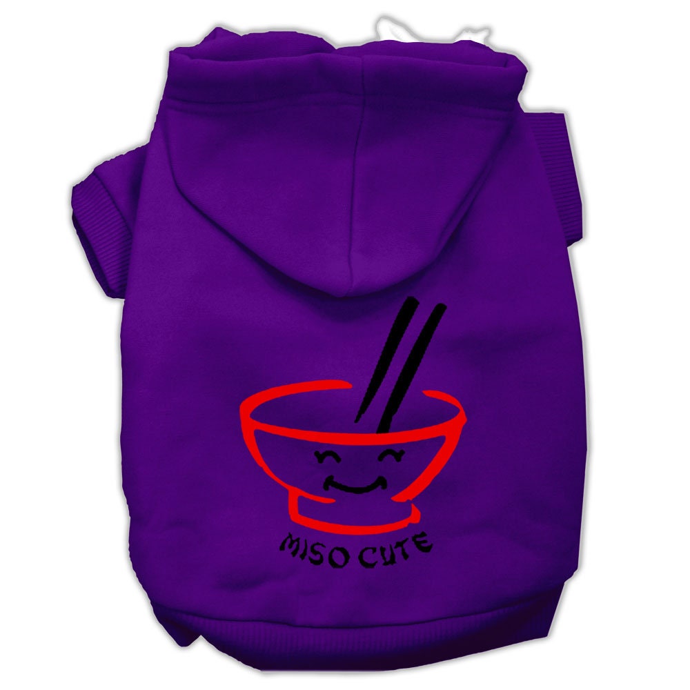 Purple pet hoodie with hood and front ramen graphic with Miso Cute text