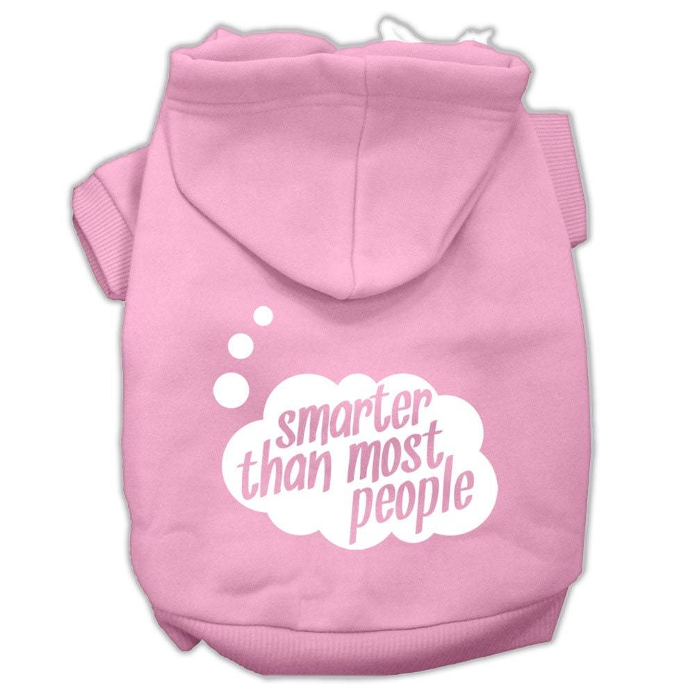 Light pink pet hoodie with back hood and white "smarter than most people" logo print