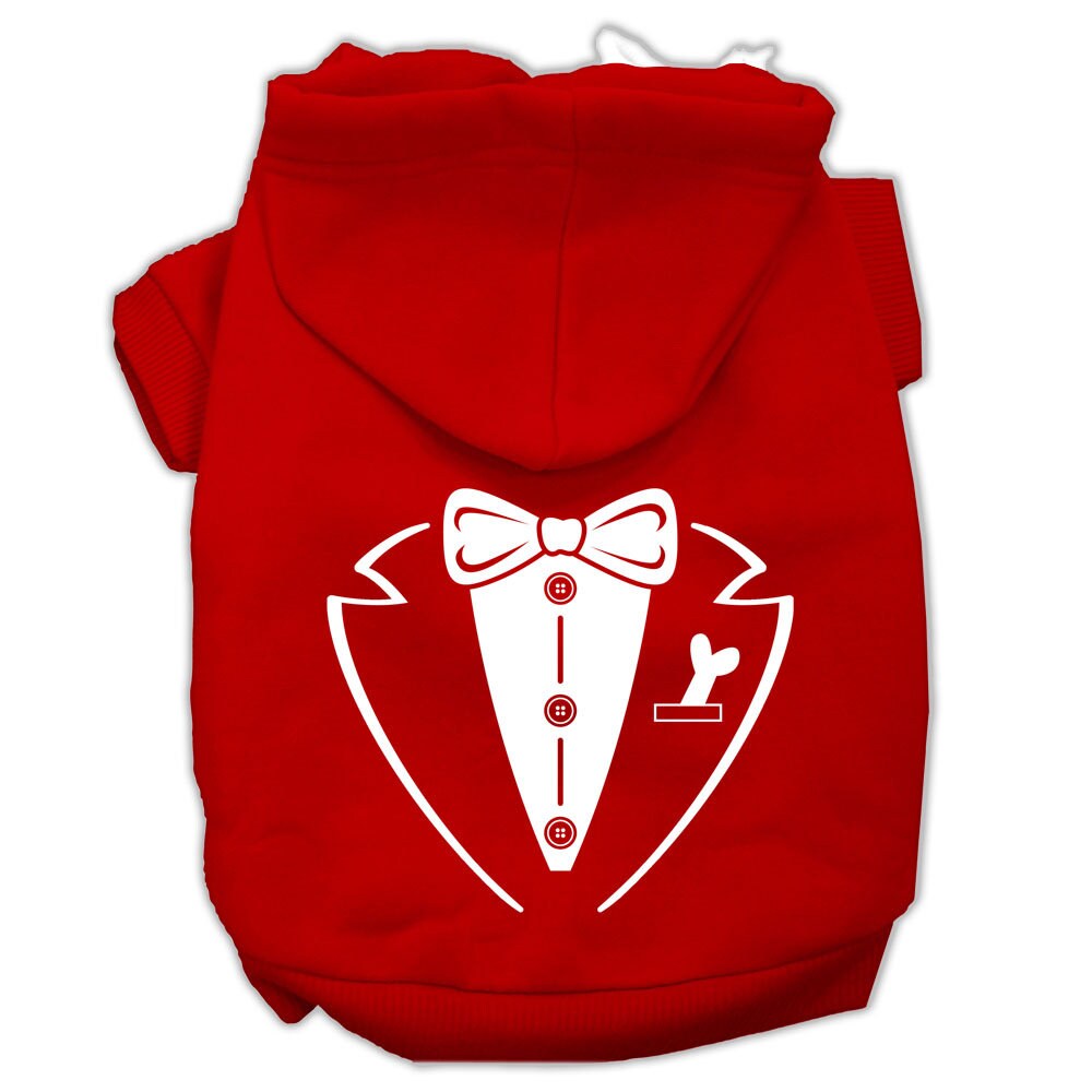 Red pet hoodie with tuxedo-style bow and vest graphic, front zipper and hood