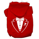 Red pet hoodie with tuxedo-style bow and vest graphic, front zipper and hood