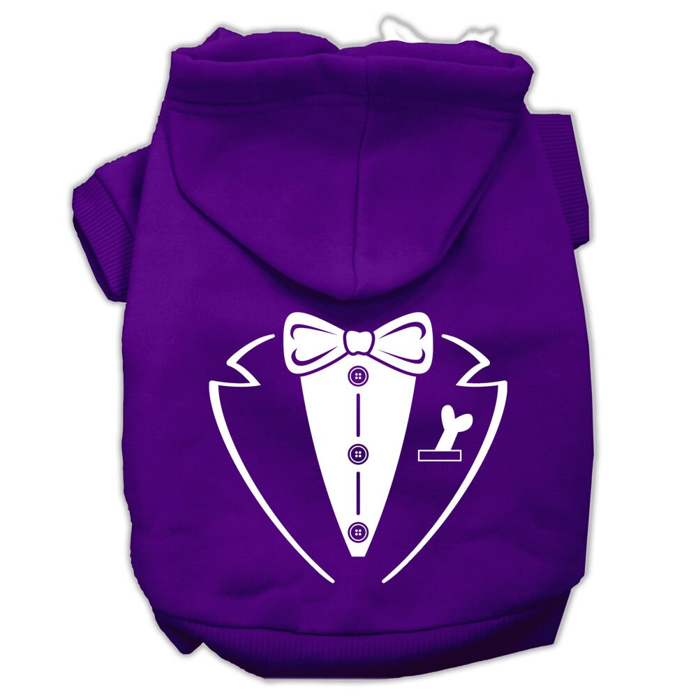 Purple pet hoodie with tuxedo-style bow and vest graphic, front zipper and hood