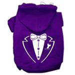 Purple pet hoodie with tuxedo-style bow and vest graphic, front zipper and hood