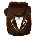 Brown pet hoodie with tuxedo-style bow and vest graphic, front zipper and hood