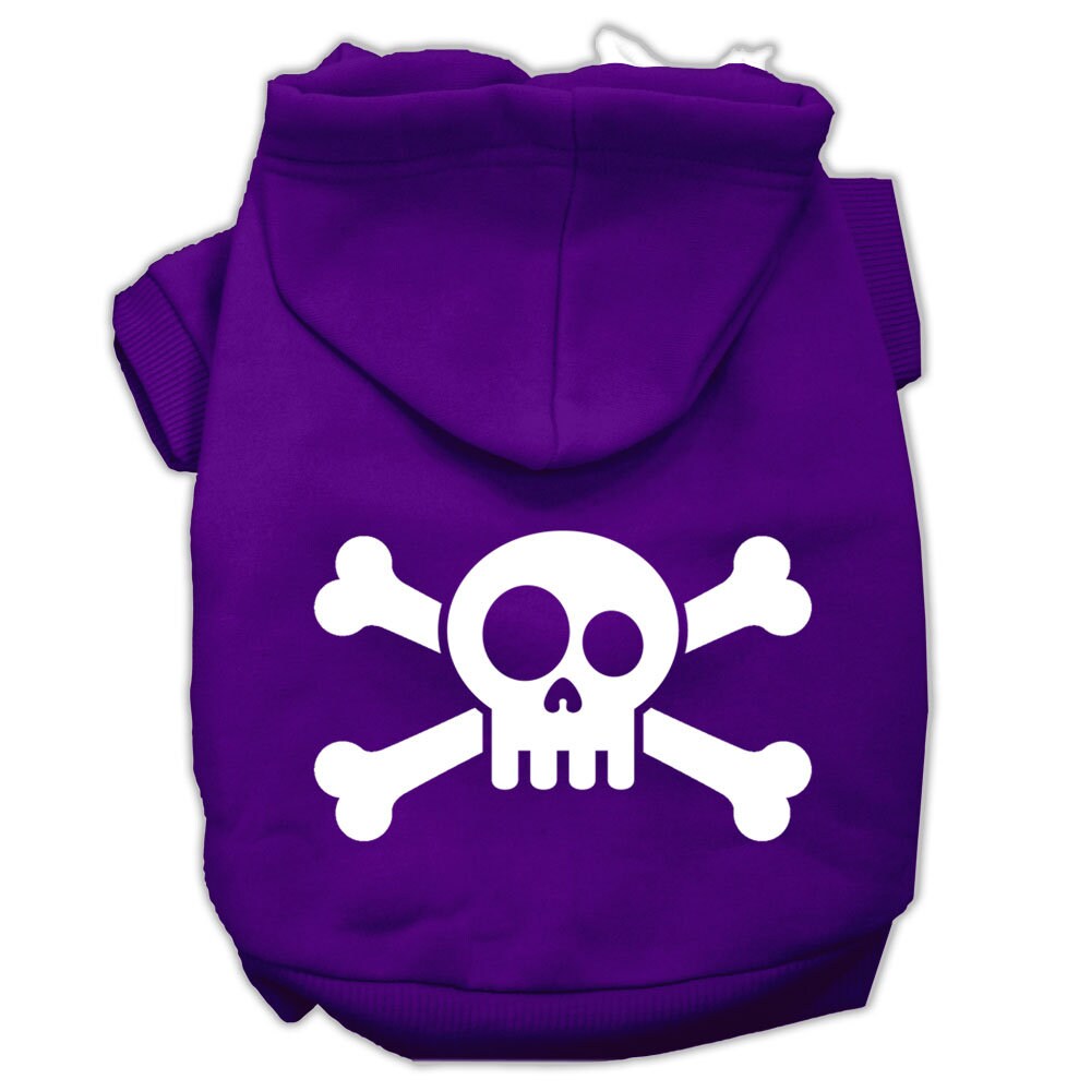 Purple pet hoodie with white skull-and-crossbones graphic, front hood and front opening