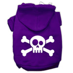 Purple pet hoodie with white skull-and-crossbones graphic, front hood and front opening