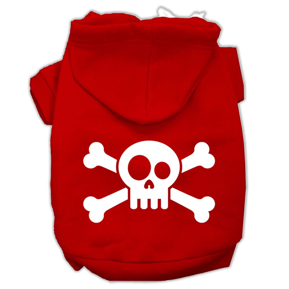 Red pet hoodie with white skull-and-crossbones graphic, front hood and front opening