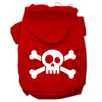 Red pet hoodie with white skull-and-crossbones graphic, front hood and front opening