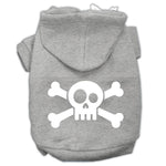 Gray pet hoodie with white skull-and-crossbones graphic, front hood and front opening