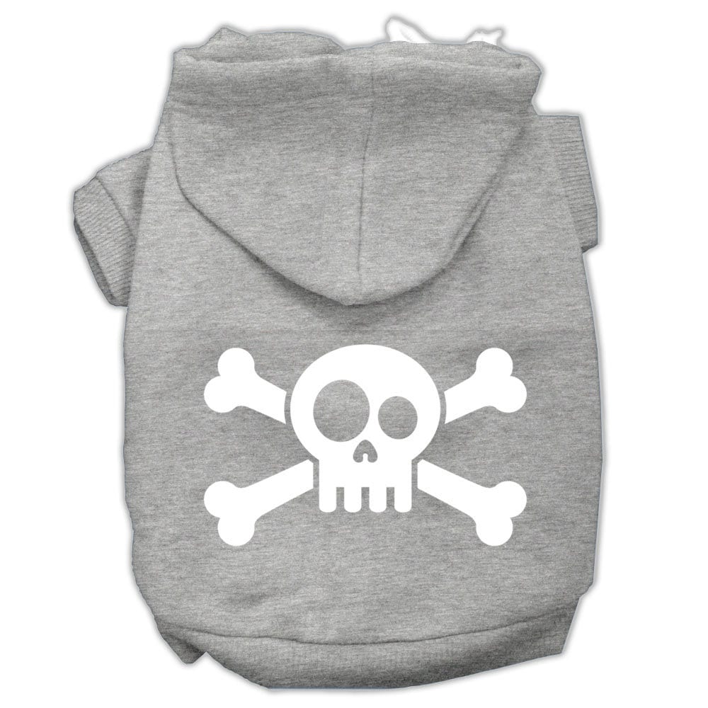 Gray pet hoodie with white skull-and-crossbones graphic, front hood and front opening