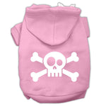 Light pink pet hoodie with white skull-and-crossbones graphic, front hood and front opening