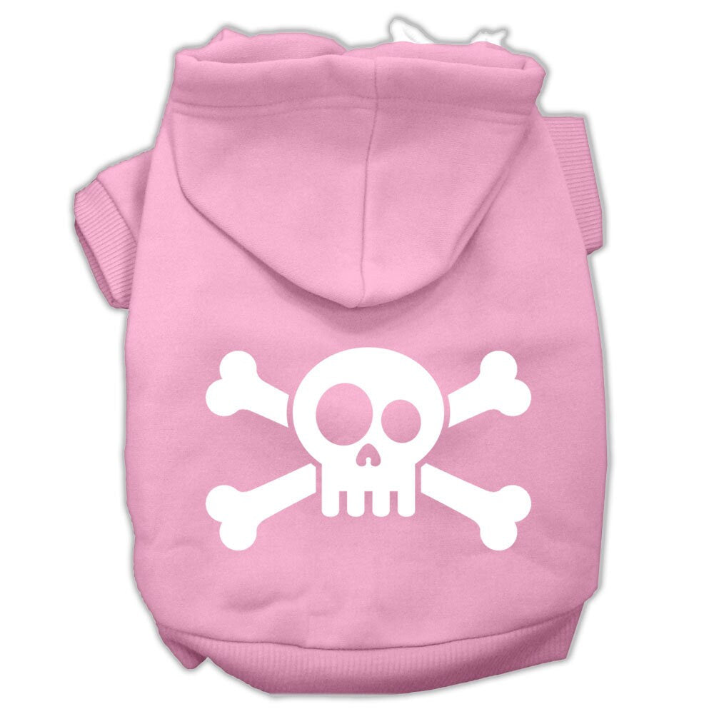 Light pink pet hoodie with white skull-and-crossbones graphic, front hood and front opening
