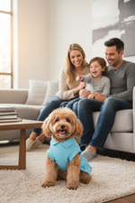 Light blue pet dress with pointed collar and long sleeves on small dog