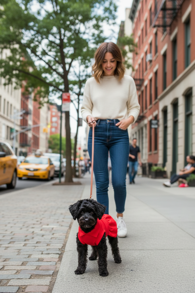 Red pet dress with collar on small black dog