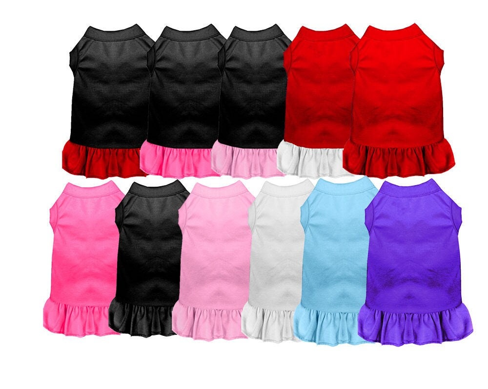 Pet dog and cat dress assortment, black and red with light pink and white ruffle hems