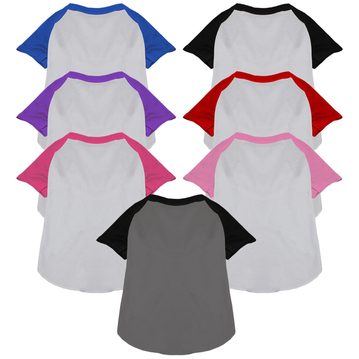 Raglan baseball pet shirts, white with contrasting raglan sleeves in blue, purple, pink, black