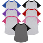 Raglan baseball pet shirts, white with contrasting raglan sleeves in blue, purple, pink, black