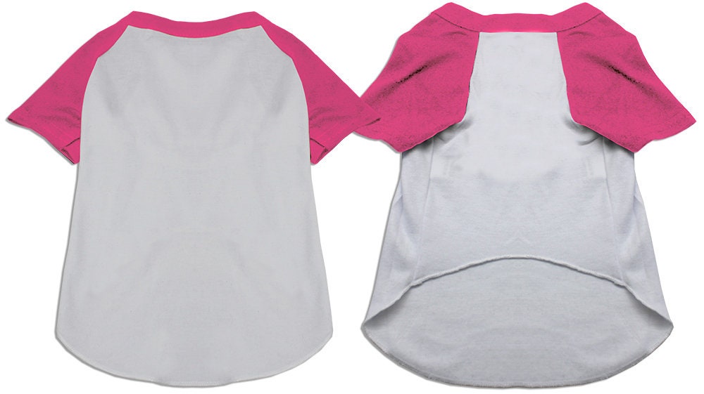 Raglan baseball pet shirt, white body with bright pink raglan sleeves, front and back