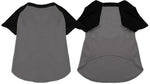 Raglan baseball pet shirt, gray body with black raglan sleeves, front and back