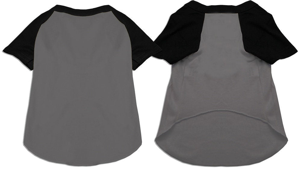 Raglan baseball pet shirt, gray body with black raglan sleeves, front and back