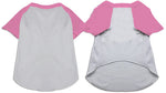 Raglan baseball pet shirt, white body with pink raglan sleeves, front and back view
