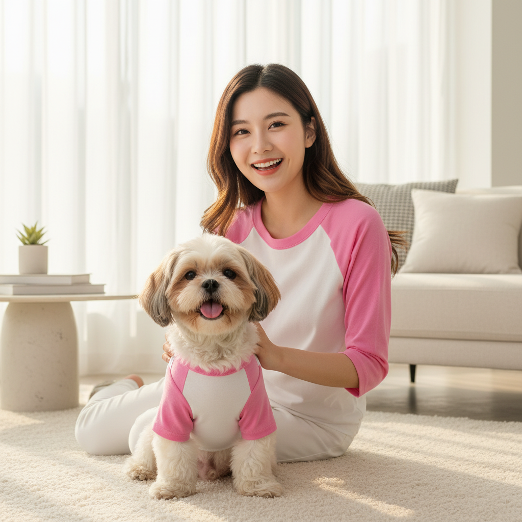 Small dog in raglan baseball pet shirt, white with pink raglan sleeves