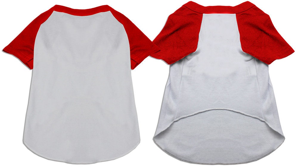 Raglan baseball pet shirt, white body with red raglan sleeves, front and back