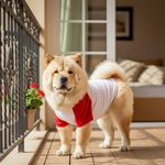 Dog wearing raglan baseball pet shirt, white body with red raglan sleeves