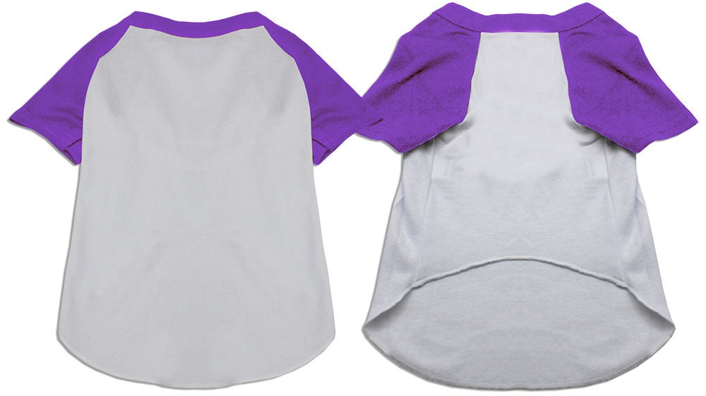 Raglan baseball pet shirt, white body with purple raglan sleeves, front and back