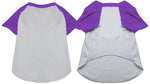 Raglan baseball pet shirt, white body with purple raglan sleeves, front and back