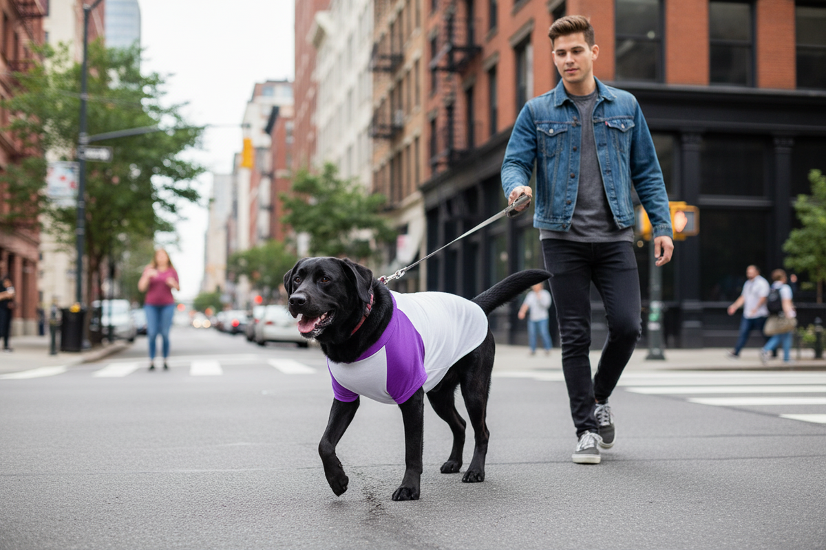 Dog wearing raglan baseball pet shirt, white body with purple raglan sleeves