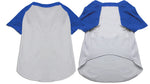 Raglan baseball pet shirt on dog, white body with blue raglan sleeves