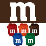 Pet hoodie set in red, orange, blue, green, and brown with white 'm' logo on backs.