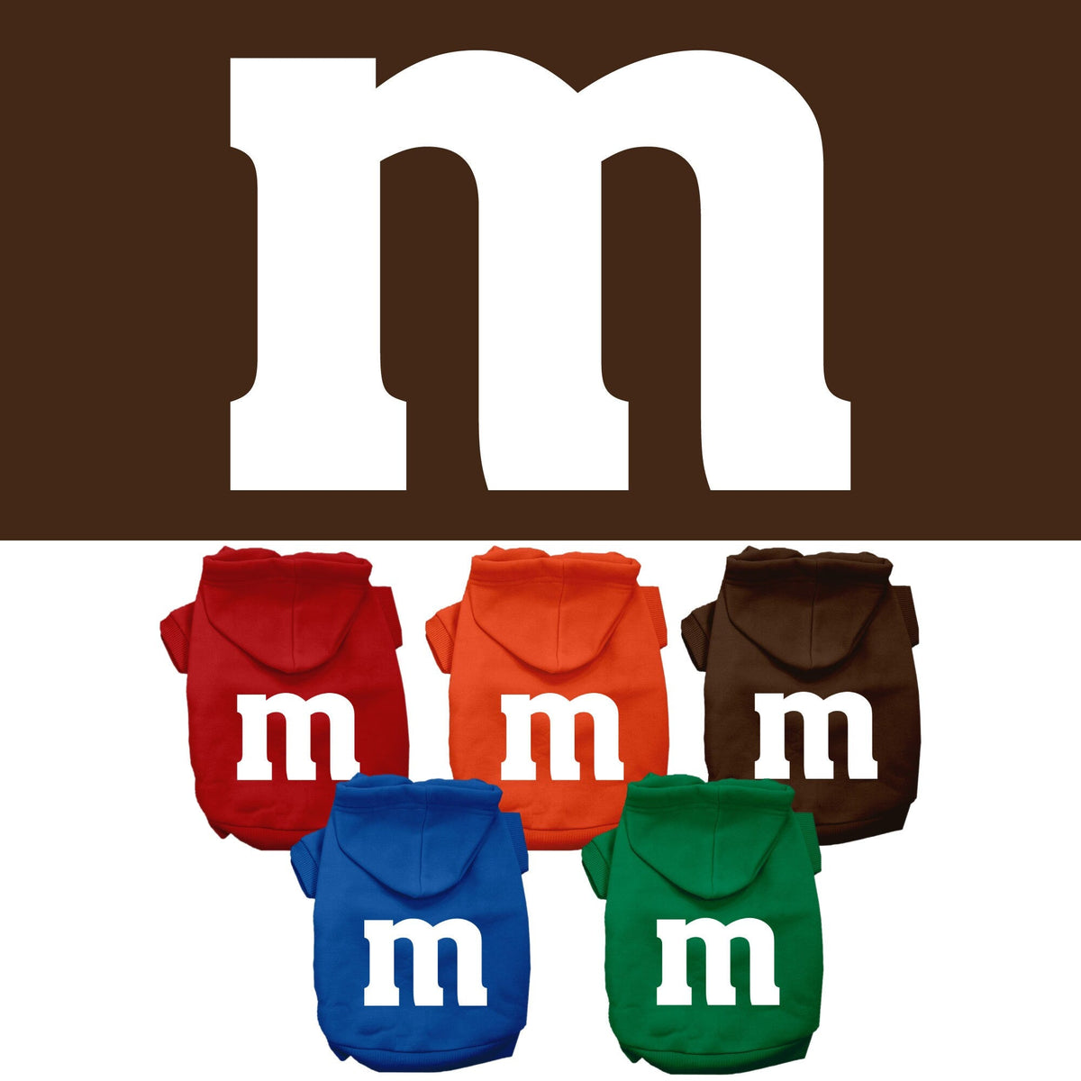 Pet hoodie set in red, orange, blue, green, and brown with white 'm' logo on backs.
