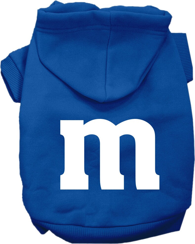 Blue pet hoodie with hood and front pocket, large white 'm' graphic.