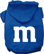 Blue pet hoodie with hood and front pocket, large white 'm' graphic.