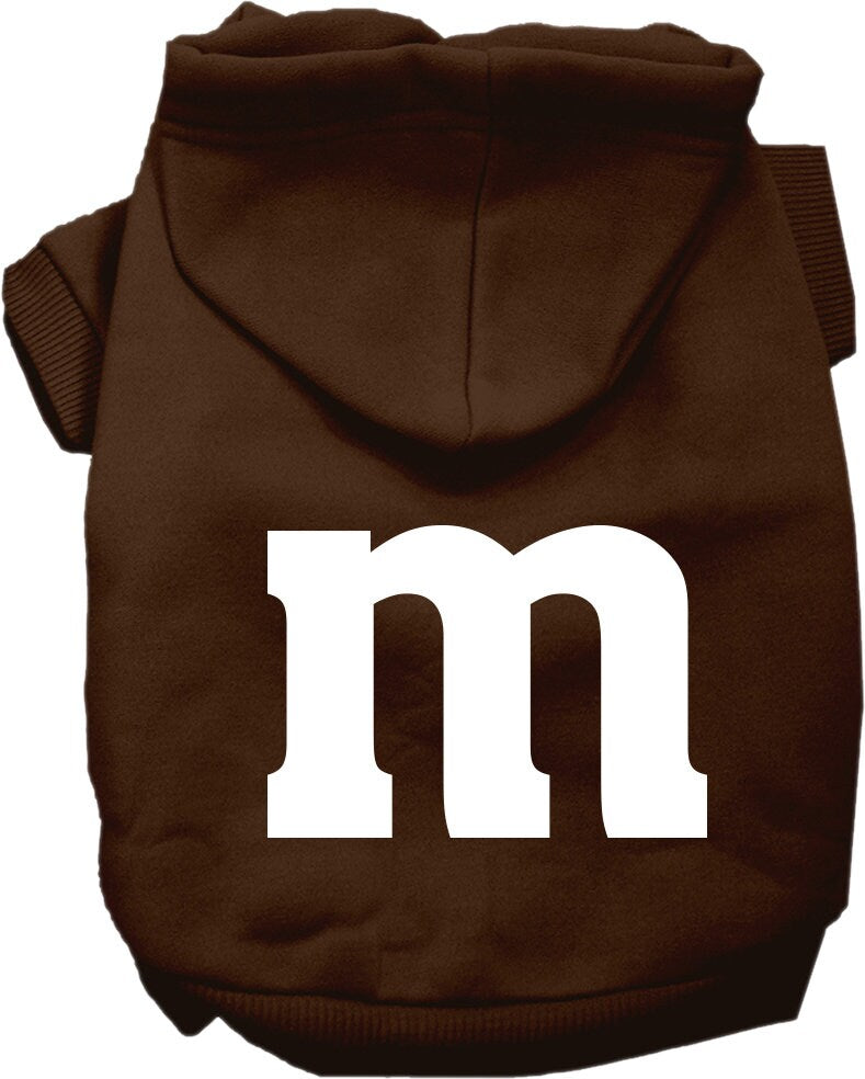 Brown pet hoodie with hood and front pocket, large white 'm' graphic.