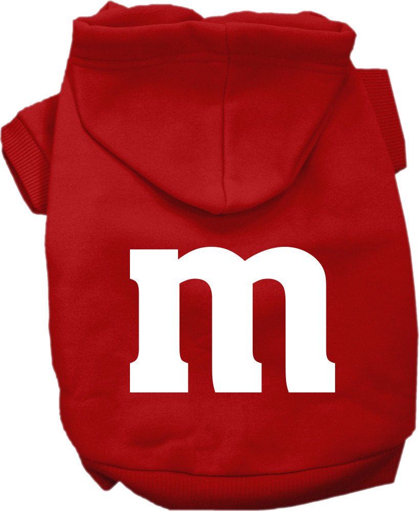Red pet hoodie with hood and front pocket, large white 'm' graphic.