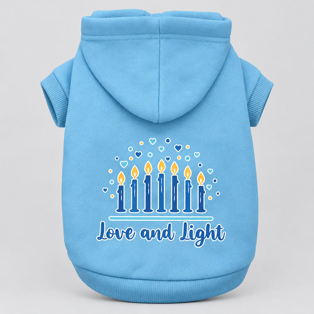 Hanukkah pet hoodie, light blue, hooded sweatshirt with “Love and Light” menorah print
