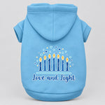 Hanukkah pet hoodie, light blue, hooded sweatshirt with “Love and Light” menorah print