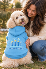 Light blue Hanukkah pet hoodie with menorah graphic and love and light text