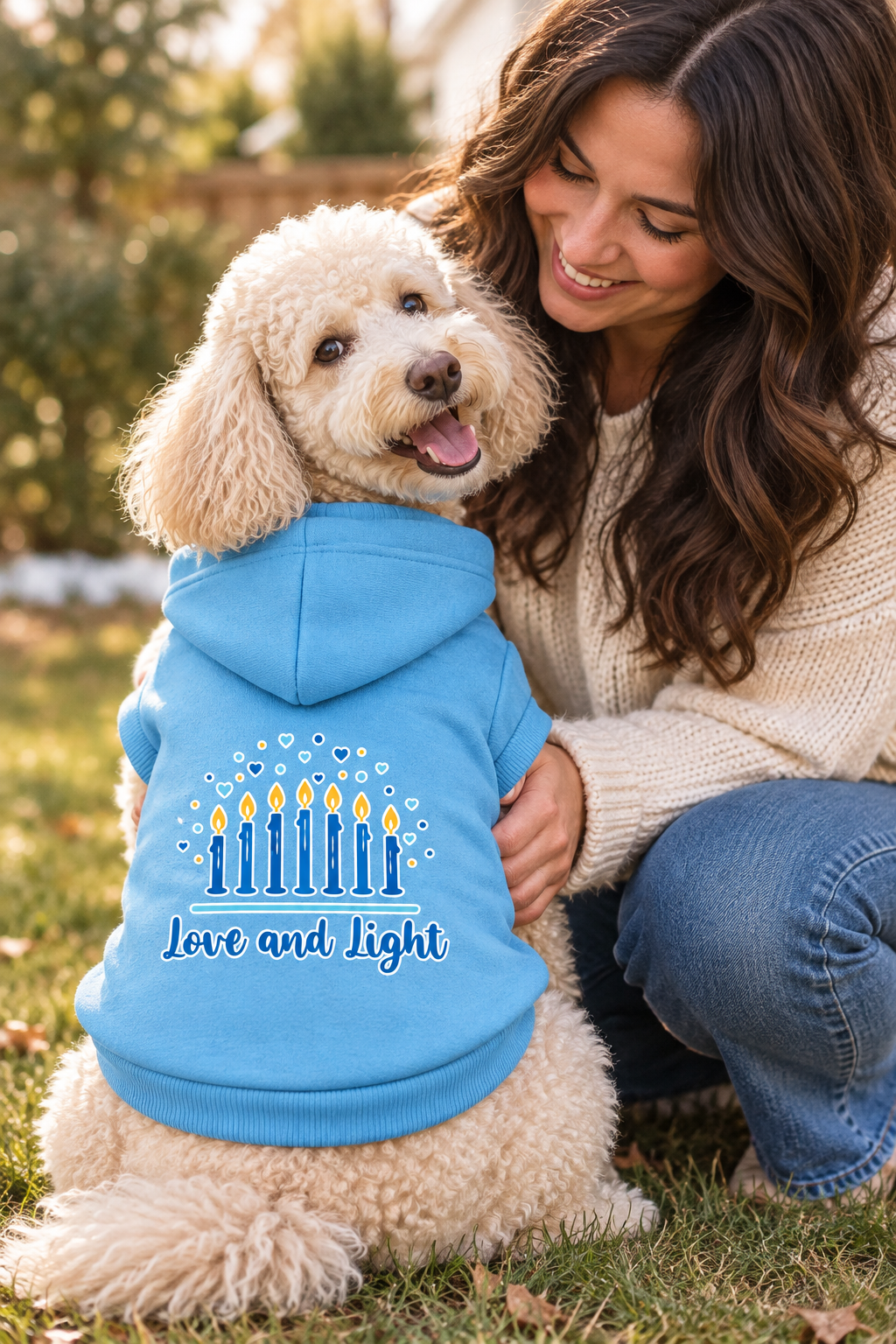 Light blue Hanukkah pet hoodie with menorah graphic and love and light text