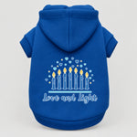 Hanukkah pet hoodie, bright blue, hooded sweatshirt with “Love and Light” menorah graphic
